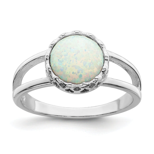 Sterling Silver Rhodium Plated Round White Created Opal Inlay Ring