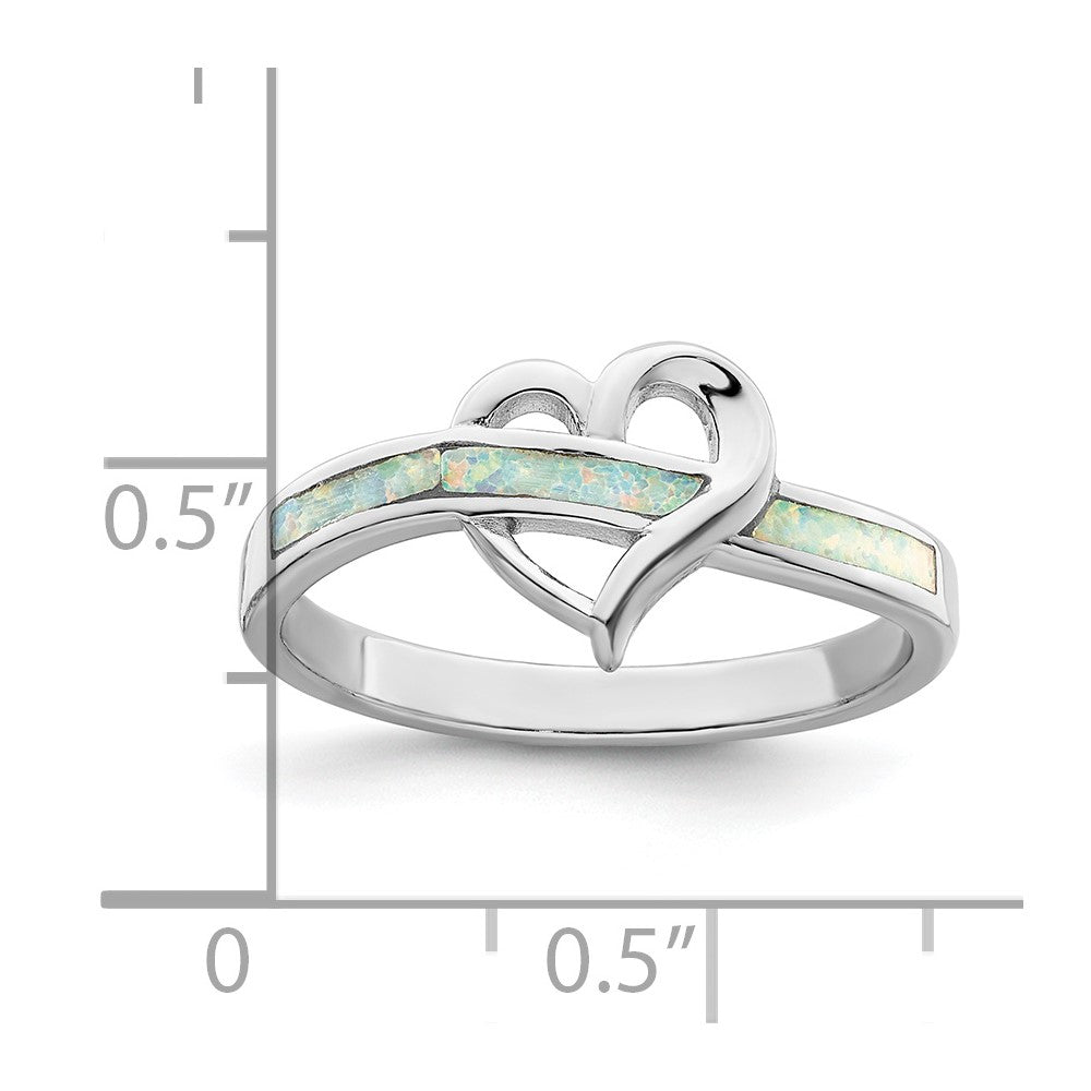 Sterling Silver Rhodium Plated White Created Opal Inlay Heart Ring