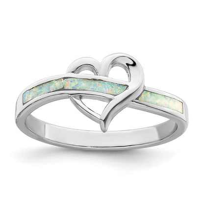Sterling Silver Rhodium Plated White Created Opal Inlay Heart Ring
