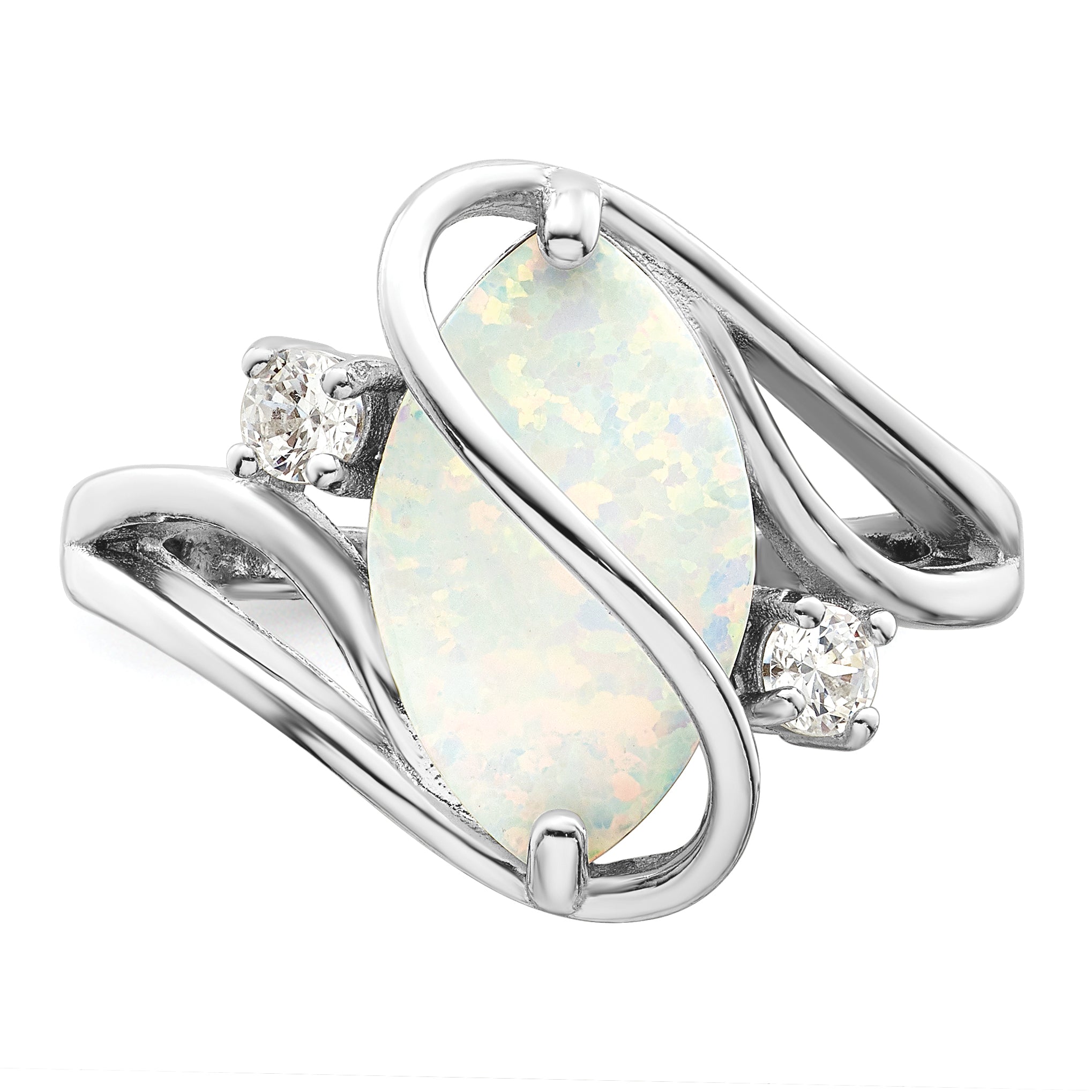Sterling Silver Rhodium Plated White Created Opal & Cz Twist Ring