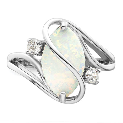 Sterling Silver Rhodium Plated White Created Opal & Cz Twist Ring