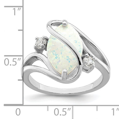 Sterling Silver Rhodium Plated White Created Opal & Cz Twist Ring
