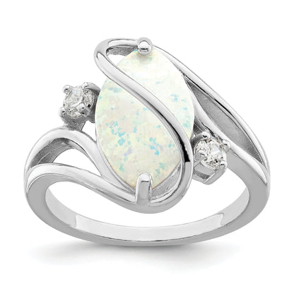Sterling Silver Rhodium Plated White Created Opal & Cz Twist Ring