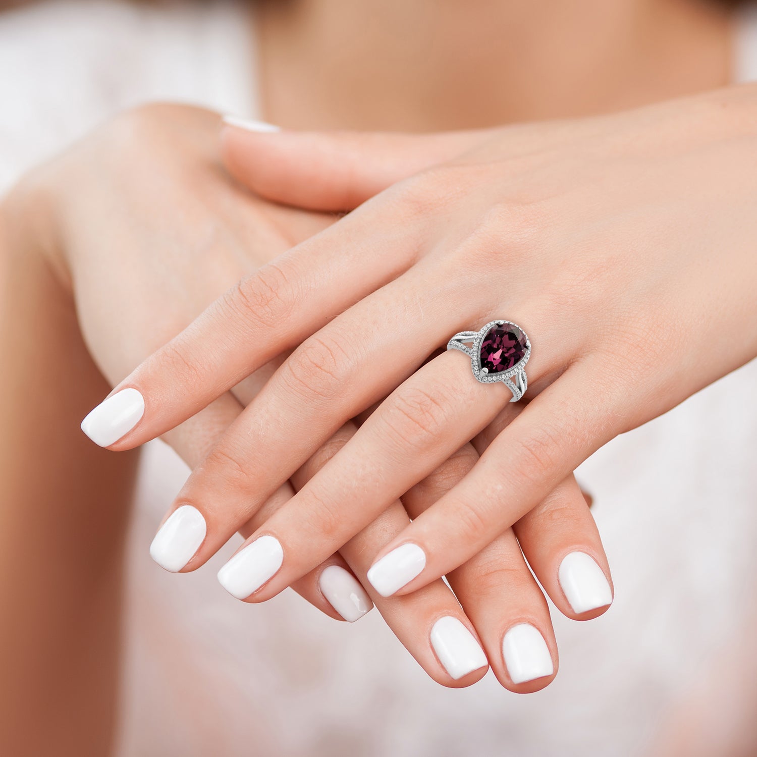 Sterling Silver Rhodium Plated Cz & Dk Purple Crystal Ring