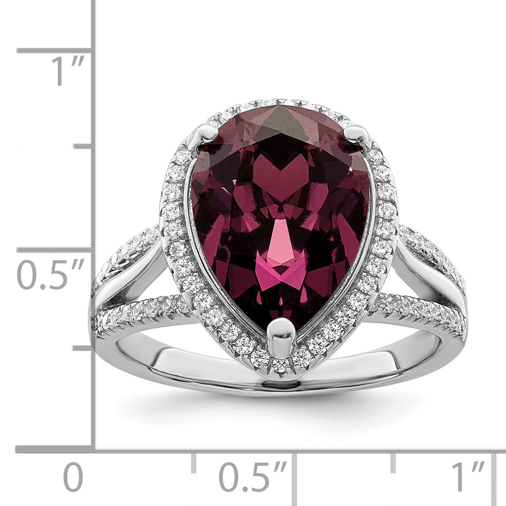 Sterling Silver Rhodium Plated Cz & Dk Purple Crystal Ring