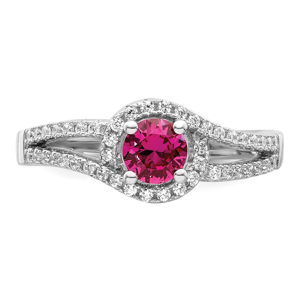 Sterling Silver Rhodium Plated Created Red Corundum & White Cz Ring