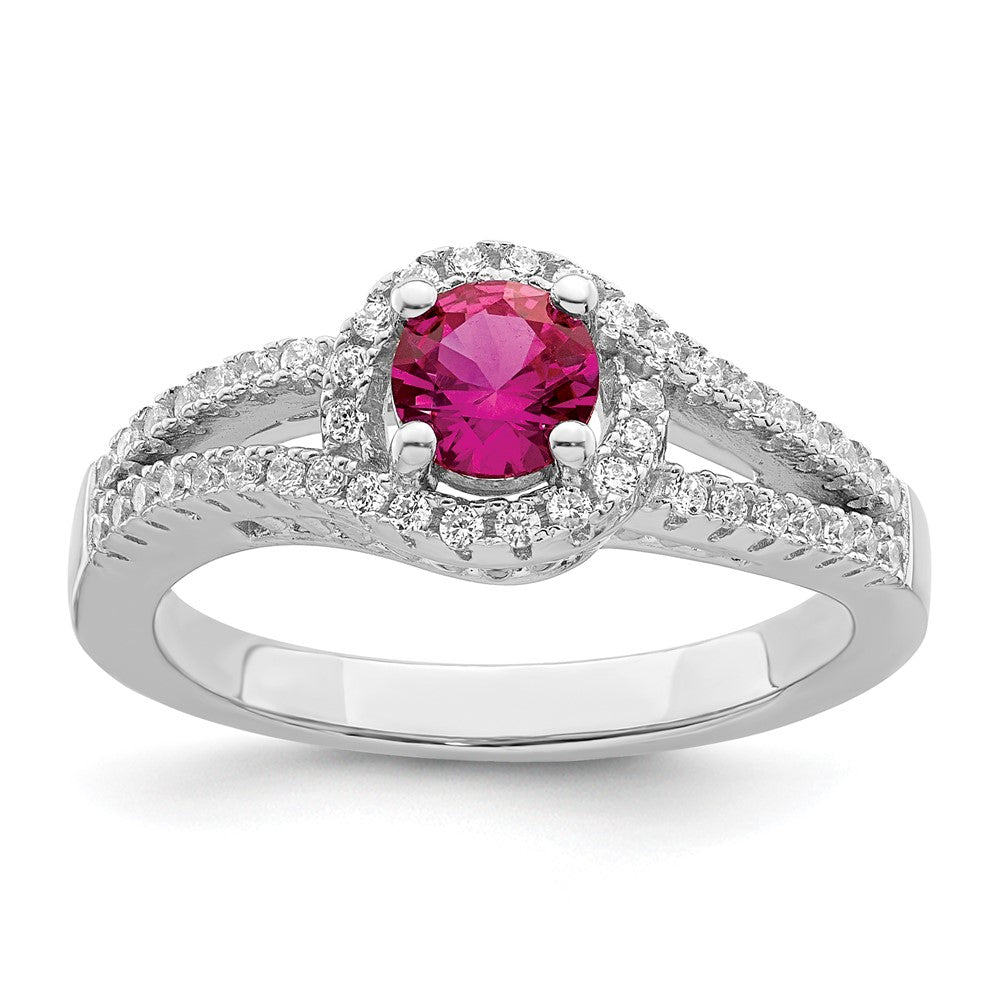 Sterling Silver Rhodium Plated Created Red Corundum & White Cz Ring