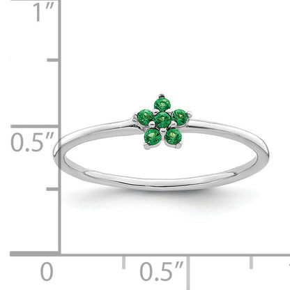 Sterling Silver Rhodium Plated Polished Green Cz Flower Ring