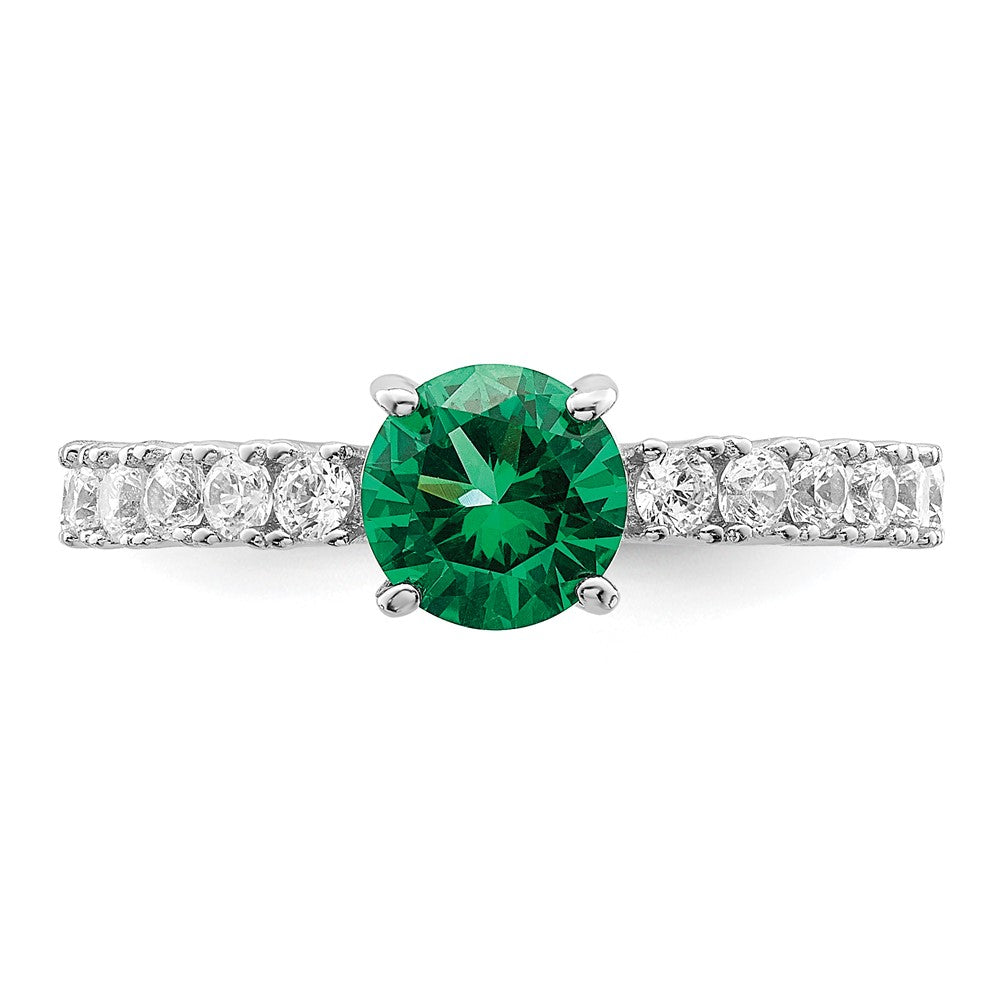 Sterling Silver Polished Rhodium Plated Green And Clear Cz Ring