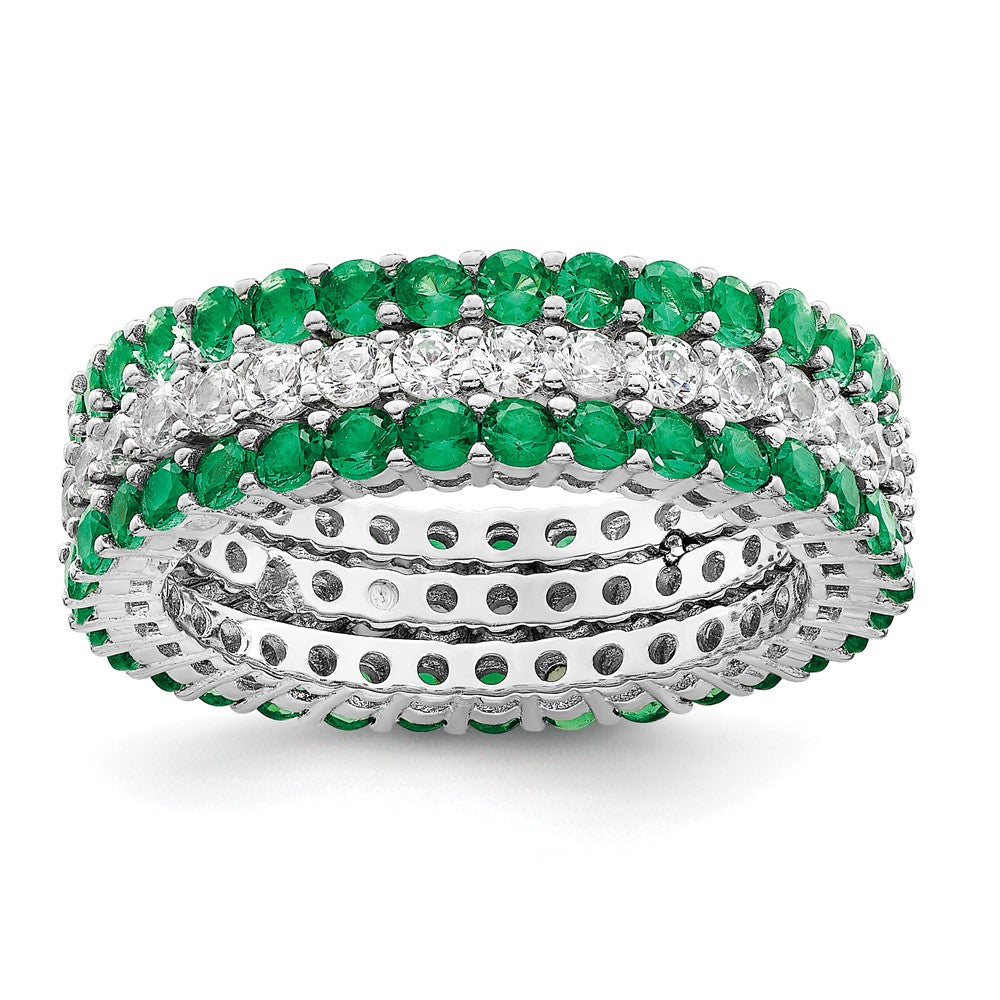 Sterling Silver Rhodium Plated Polished Green & White Cz 3 Ring Set