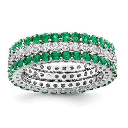 Sterling Silver Rhodium Plated Polished Green & White Cz 3 Ring Set