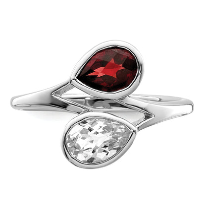 Sterling Silver Rhodium Plated Polished Garnet & White Topaz Bypass Ring