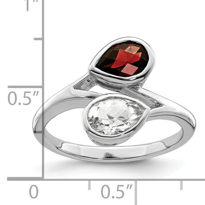 Sterling Silver Rhodium Plated Polished Garnet & White Topaz Bypass Ring