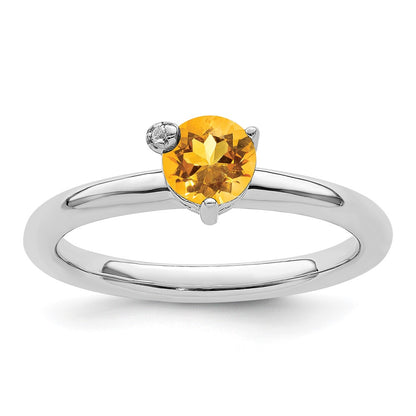 Sterling Silver Rhodium Plated Polished Circle Citrine & White Topaz Ring