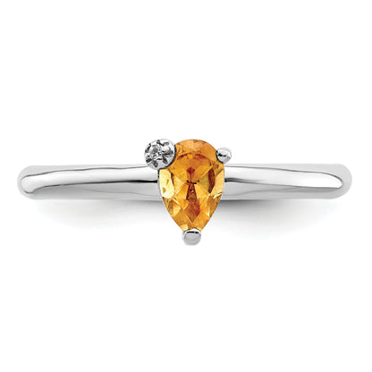 Sterling Silver Rhodium Plated Polished Pear Citrine & White Topaz Ring