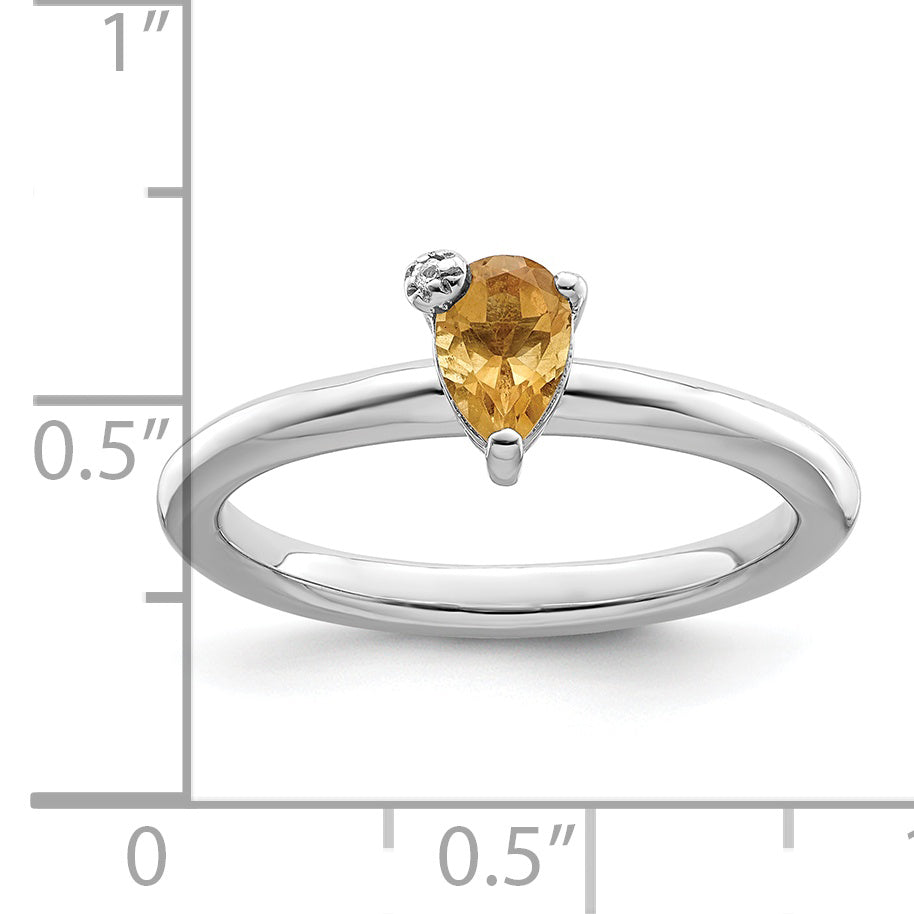 Sterling Silver Rhodium Plated Polished Pear Citrine & White Topaz Ring