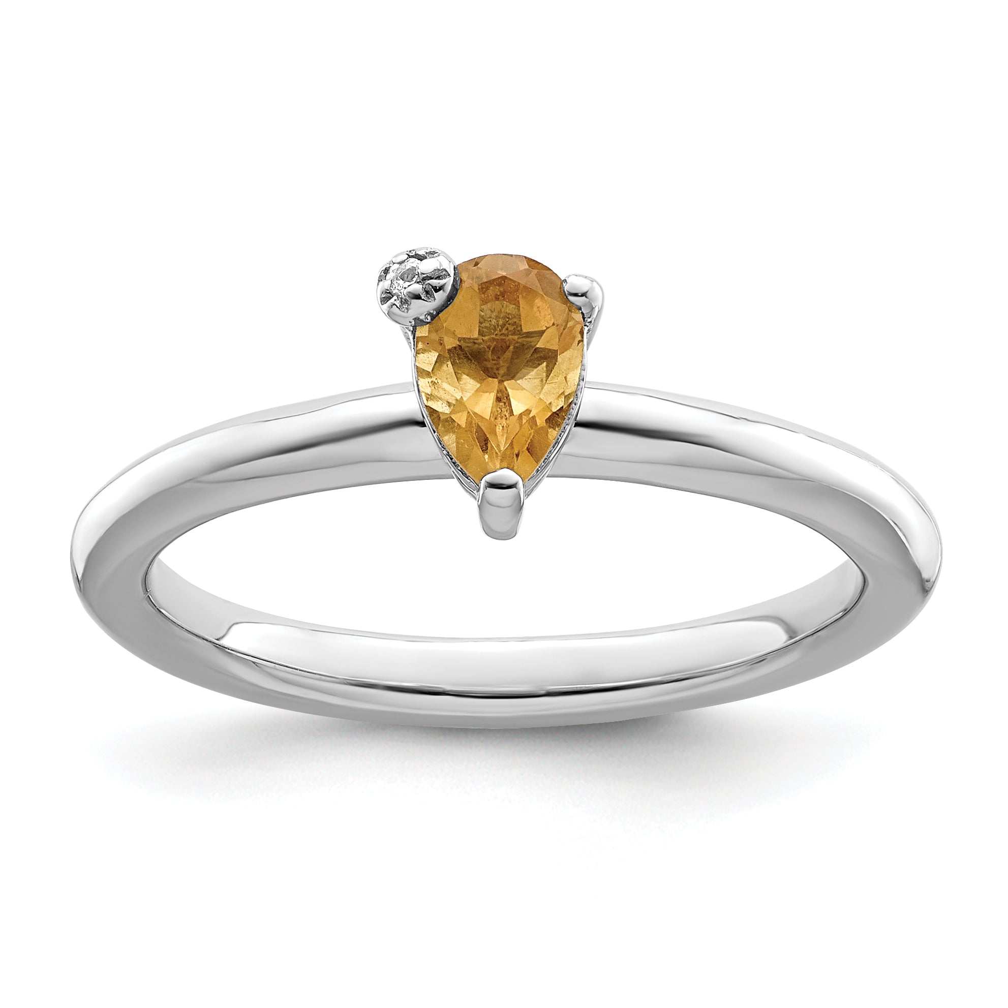Sterling Silver Rhodium Plated Polished Pear Citrine & White Topaz Ring