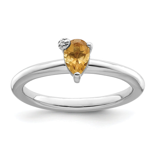 Sterling Silver Rhodium Plated Polished Pear Citrine & White Topaz Ring