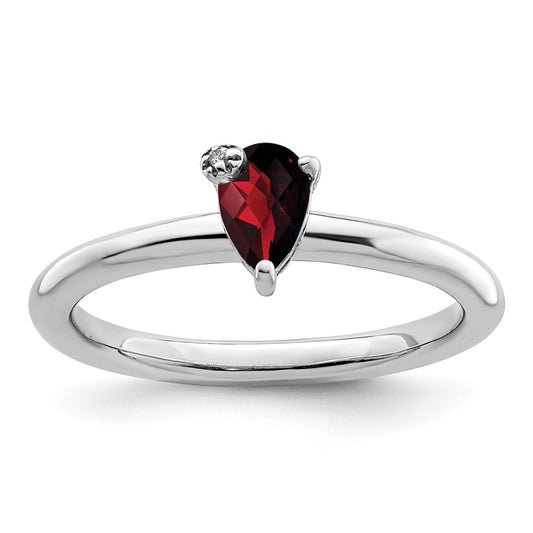 Sterling Silver Rhodium Plated Polished Pear Garnet & White Topaz Ring