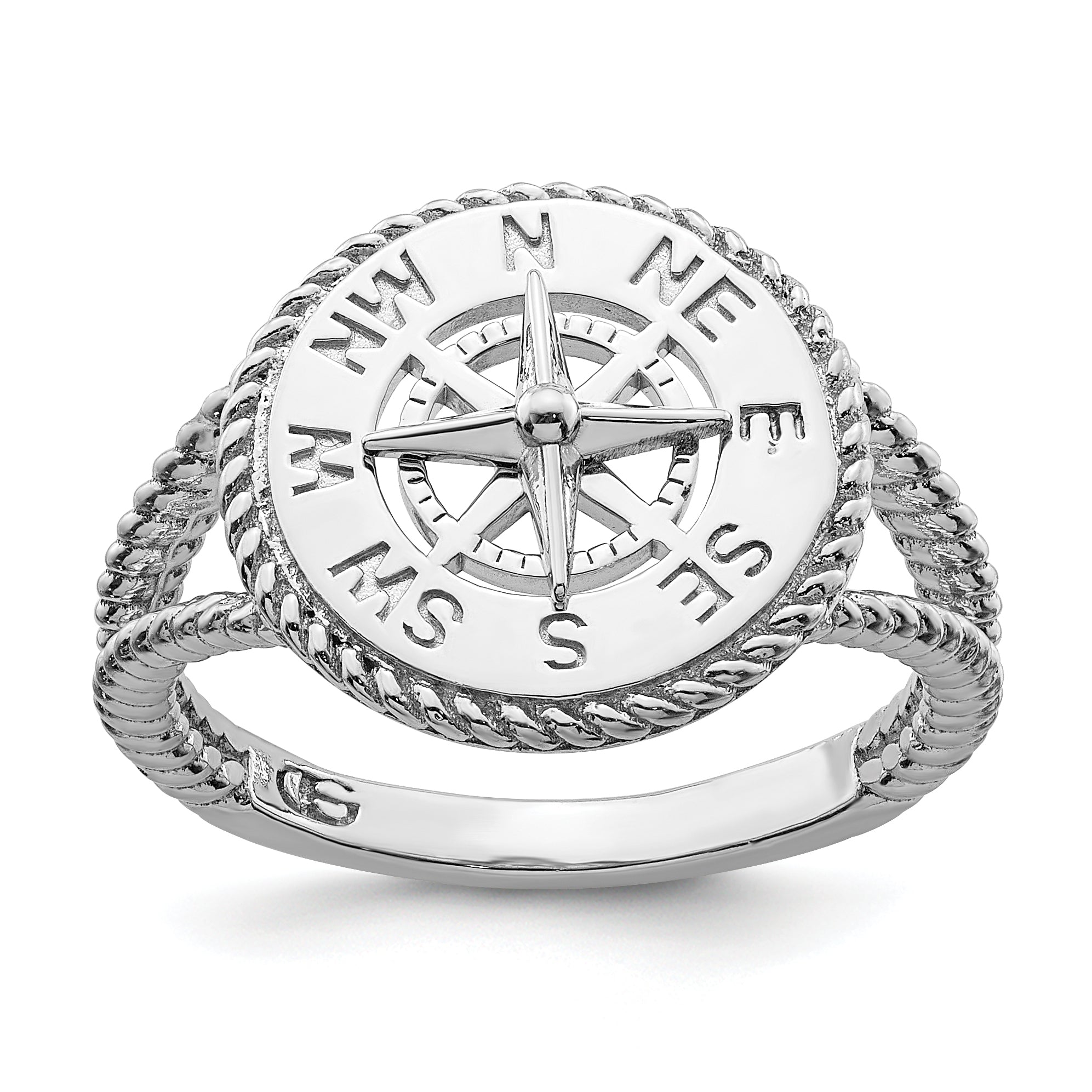 Sterling Silver De Ani Rhodium Plated Polished Compass With Rope Trim Ring
