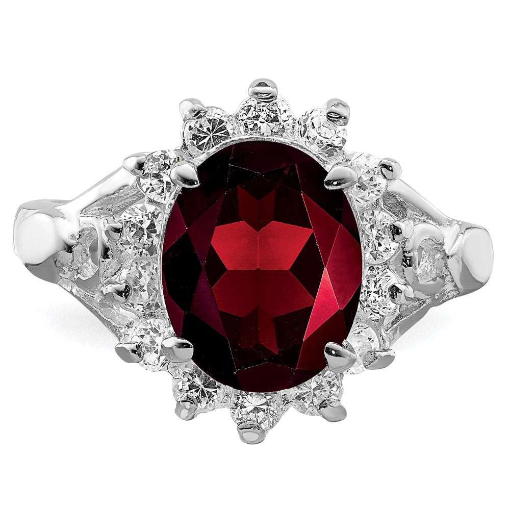Sterling Silver Rhodium Plated Garnet & Cz Ring (Size 8 Only)