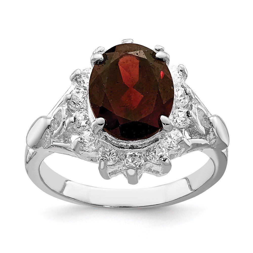 Sterling Silver Rhodium Plated Garnet & Cz Ring (Size 8 Only)