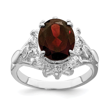 Sterling Silver Rhodium Plated Garnet & Cz Ring (Size 8 Only)