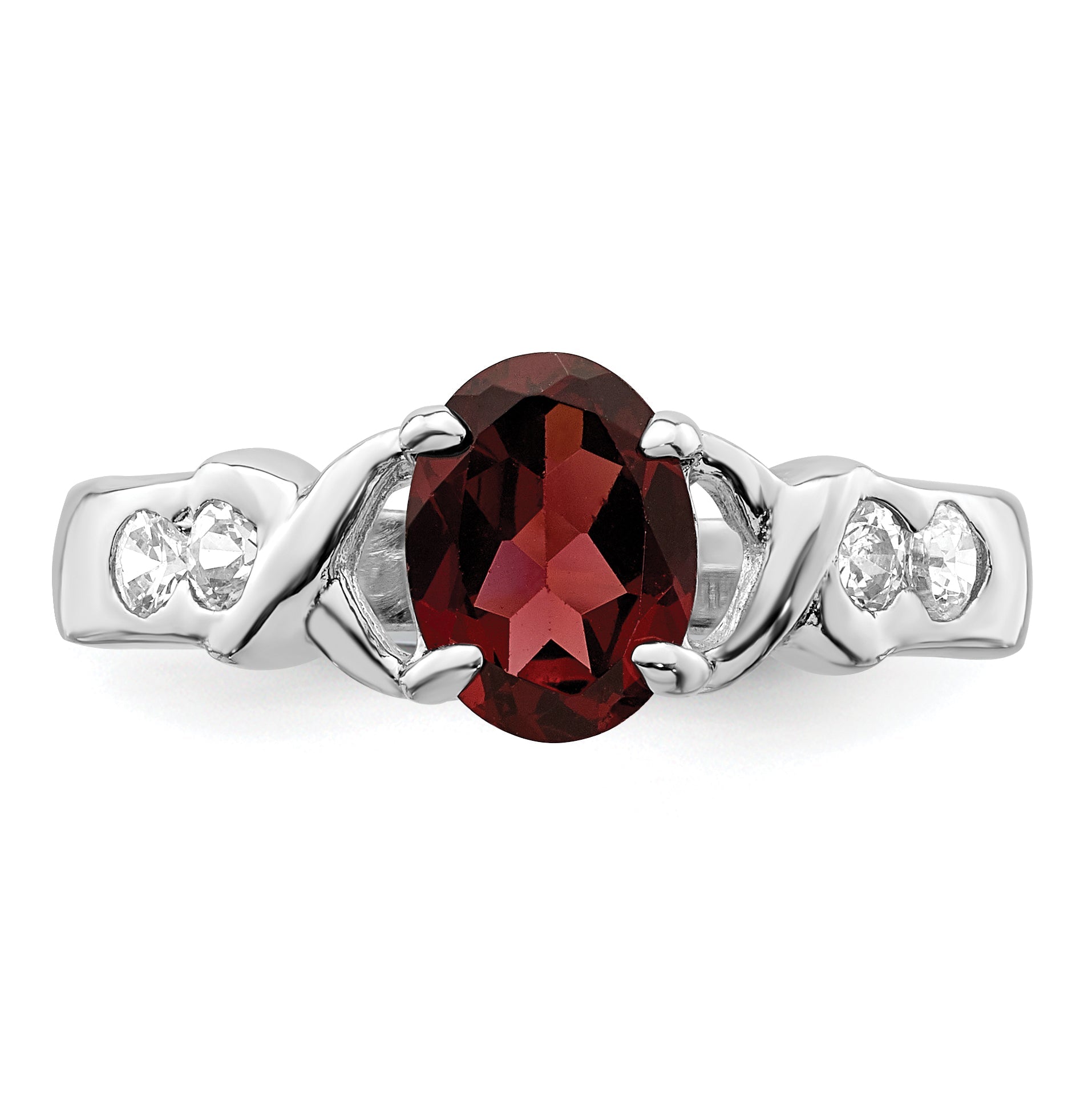 Sterling Silver Rhodium Plated Garnet & Cz Ring