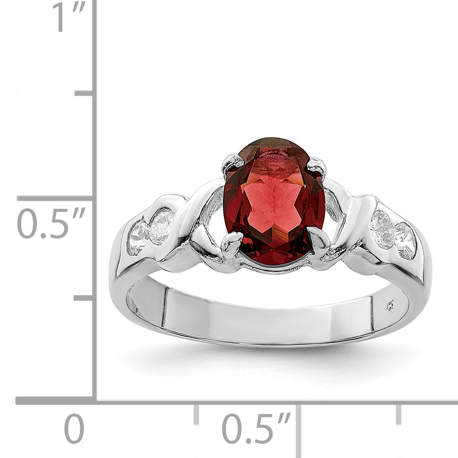 Sterling Silver Rhodium Plated Garnet & Cz Ring