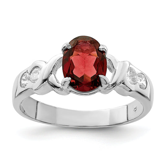 Sterling Silver Rhodium Plated Garnet & Cz Ring