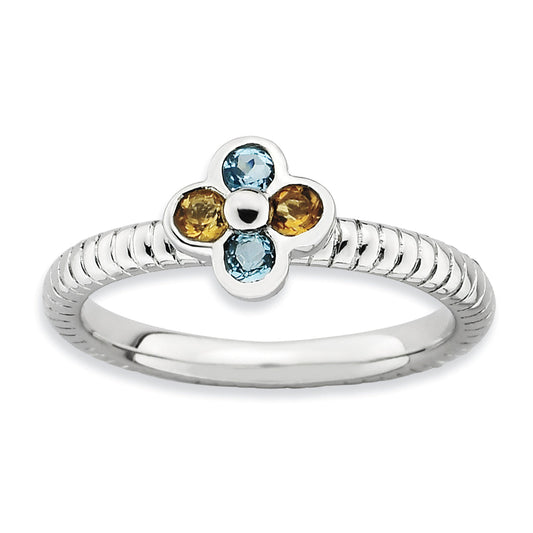 Sterling Silver Stackable Expressions Blue Topaz & Citrine Flower Ring (Size 5 Only)