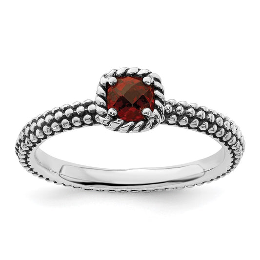 Sterling Silver Stackable Expressions Checker Cut Garnet Antiqued Ring