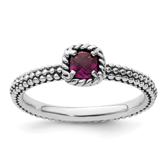 Sterling Silver Stackable Expressions Checker Cut Rhodolite Garnet Ring