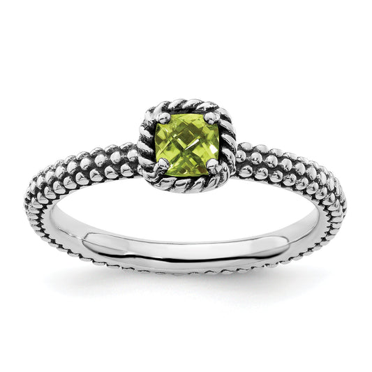 Sterling Silver Stackable Expressions Checker Cut Peridot Antiqued Ring