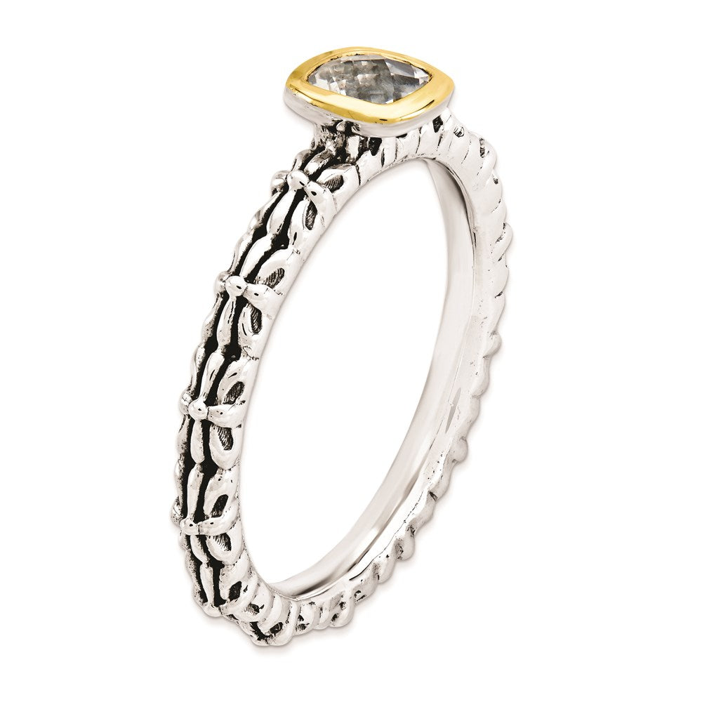 14K/Silver Two Tone Sterling Silver & 14K Stackable Expressions Checker Cut White Topaz Ring (Size 9 Only)