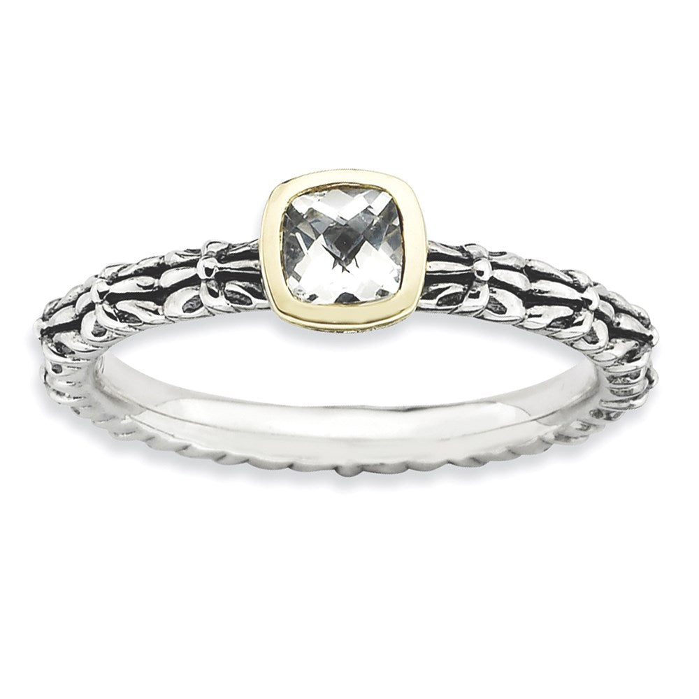 14K/Silver Two Tone Sterling Silver & 14K Stackable Expressions Checker Cut White Topaz Ring (Size 9 Only)