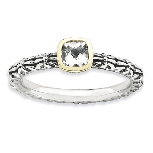 14K/Silver Two Tone Sterling Silver & 14K Stackable Expressions Checker Cut White Topaz Ring (Size 9 Only)