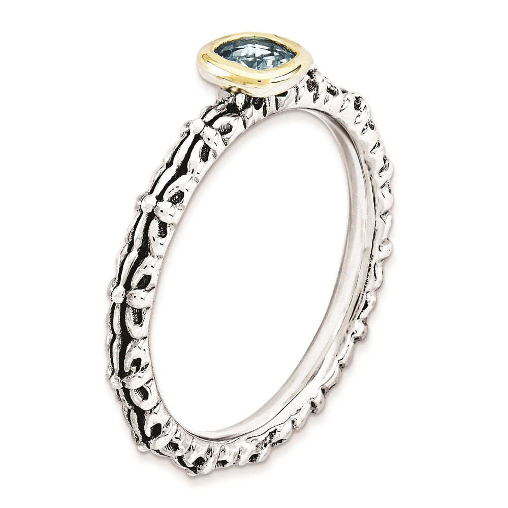 14K/Silver Two Tone Sterling Silver & 14K Stackable Expressions Checker Cut Blue Topaz Ring (Size 5 Only)