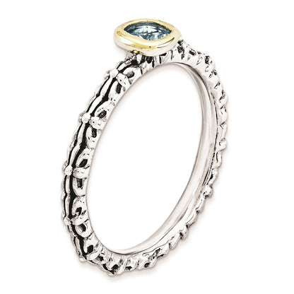 14K/Silver Two Tone Sterling Silver & 14K Stackable Expressions Checker Cut Blue Topaz Ring (Size 5 Only)