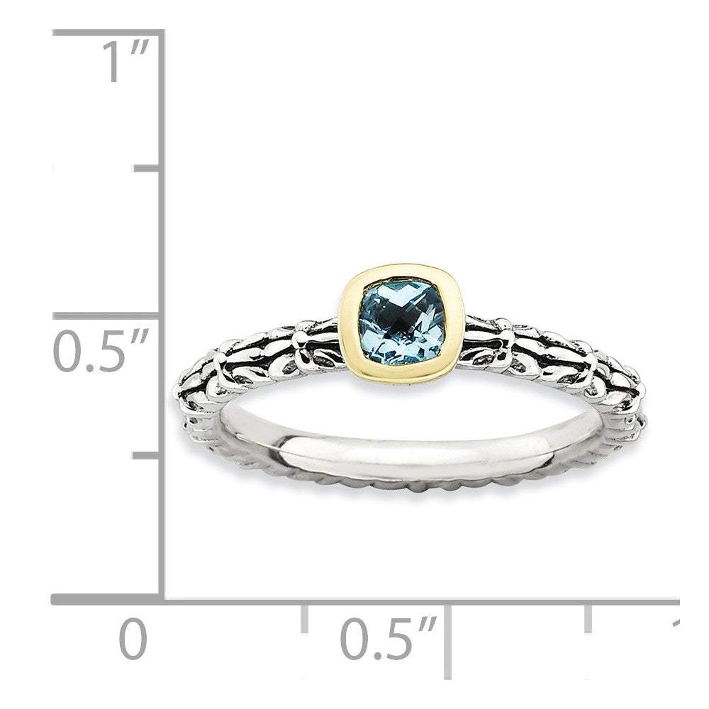 14K/Silver Two Tone Sterling Silver & 14K Stackable Expressions Checker Cut Blue Topaz Ring (Size 5 Only)