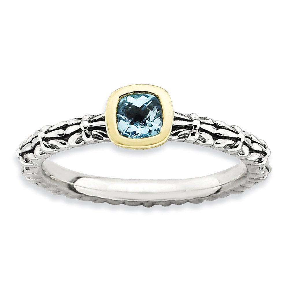 14K/Silver Two Tone Sterling Silver & 14K Stackable Expressions Checker Cut Blue Topaz Ring (Size 5 Only)