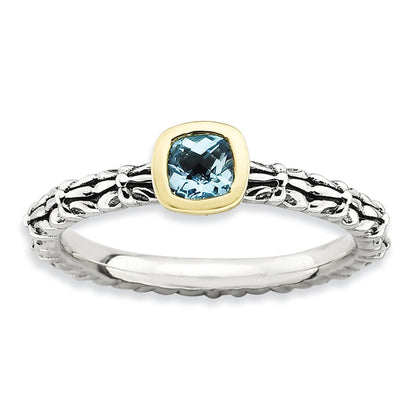 14K/Silver Two Tone Sterling Silver & 14K Stackable Expressions Checker Cut Blue Topaz Ring (Size 5 Only)