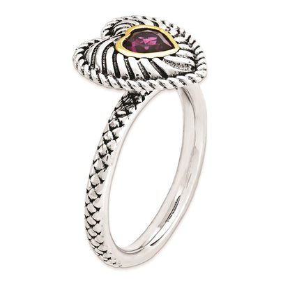 14K/Silver Two Tone Sterling Silver & 14K Stackable Expressions Rhod. Garnet Antiqued Ring (Size 5 Only)
