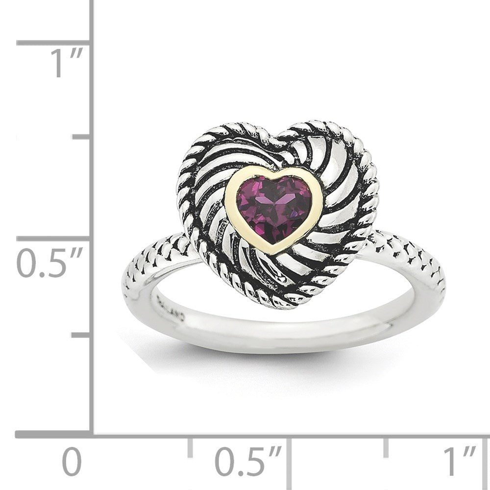 14K/Silver Two Tone Sterling Silver & 14K Stackable Expressions Rhod. Garnet Antiqued Ring (Size 5 Only)