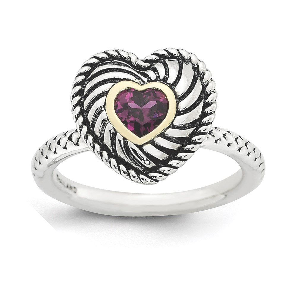 14K/Silver Two Tone Sterling Silver & 14K Stackable Expressions Rhod. Garnet Antiqued Ring (Size 5 Only)