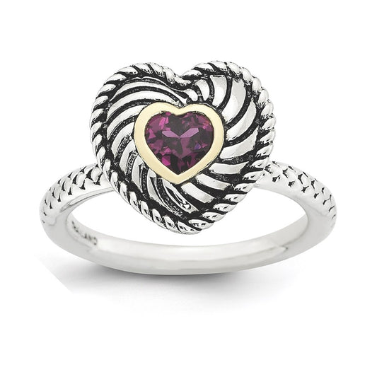 14K/Silver Two Tone Sterling Silver & 14K Stackable Expressions Rhod. Garnet Antiqued Ring (Size 5 Only)