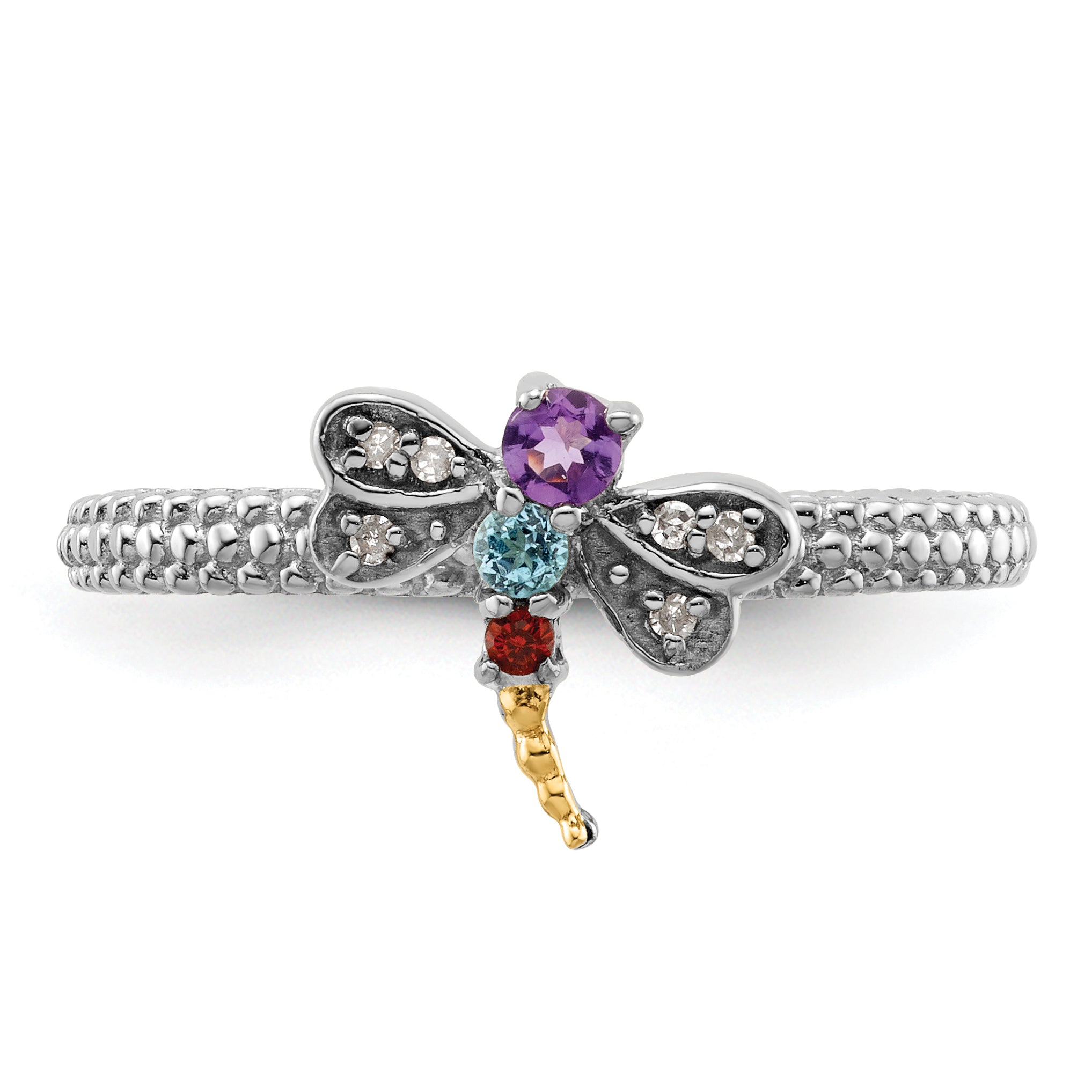14K/Silver Two Tone Sterling Silver&14K Stackable Expressions Gemstone & Diamond Dragonfly Ring