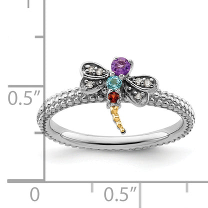 14K/Silver Two Tone Sterling Silver&14K Stackable Expressions Gemstone & Diamond Dragonfly Ring