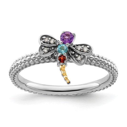 14K/Silver Two Tone Sterling Silver&14K Stackable Expressions Gemstone & Diamond Dragonfly Ring