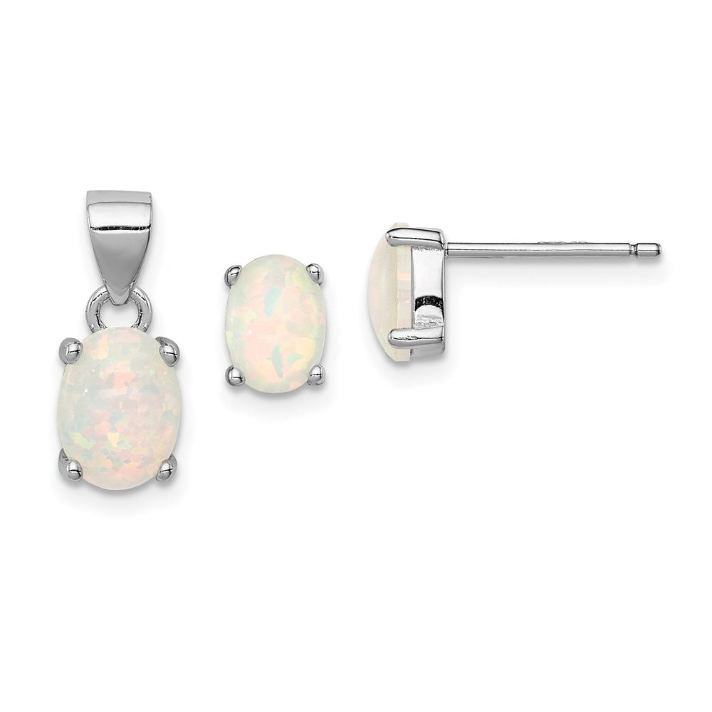 Sterling Silver Rhod-Plate Oval Created Opal Pendant/Earrings Set